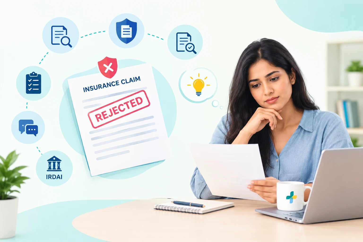 Insurance claim rejection review with policy documents and guidance.